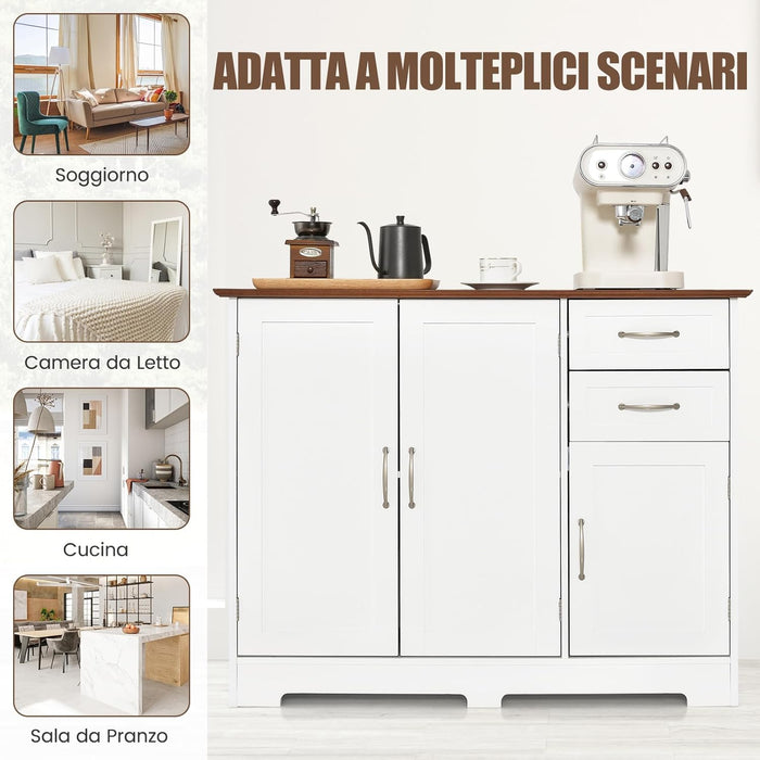 Credenza Buffet, Armadio di Stoccaggio Moderno con 2 Ante e 2 Cassetti, Ripiano Regolabile, Credenza Armadio di Stoccaggio per Cucina, Sala da Pranzo, Bianco