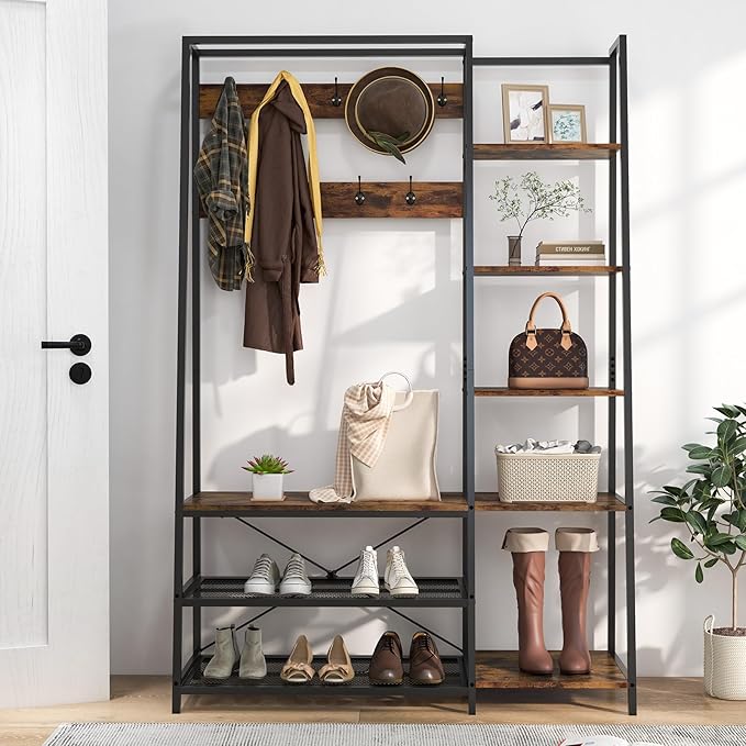 5 in 1 Appendiabiti con Ripiani, Stand Appendiabiti con 9 Ganci, 5 Ripiani Laterali e 2 Ripiani in Rete, Attaccapanni Industriale in Metallo, per Ingresso Soggiorno, 118x40x180 cm