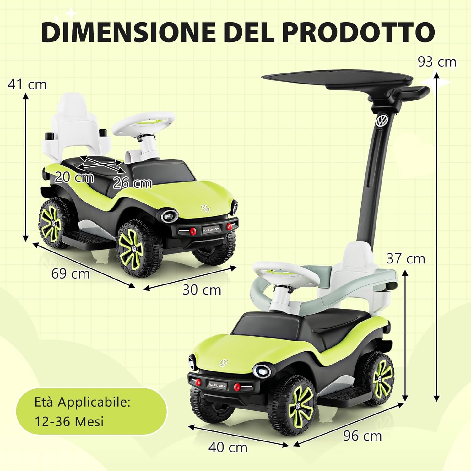 Volkswagen 3 in 1 Macchina Cavalcabile a Spinta per Bambini, Auto a Spinta con Maniglione Regolabile Parasole e Musica, Ideale per Bambini 1-3 Anni