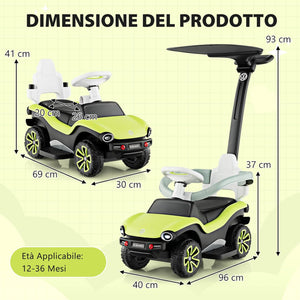 Volkswagen 3 in 1 Macchina Cavalcabile a Spinta per Bambini, Auto a Spinta con Maniglione Regolabile Parasole e Musica, Ideale per Bambini 1-3 Anni