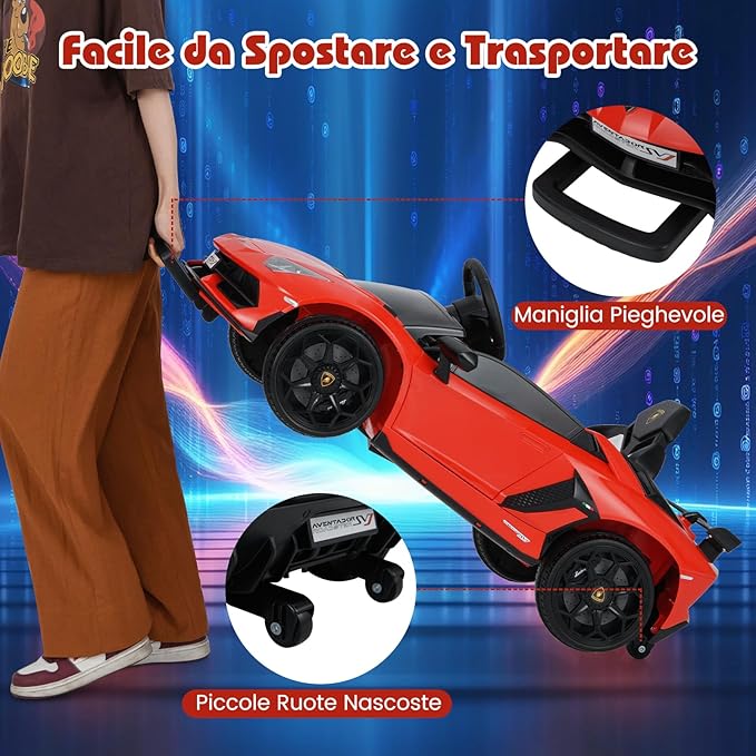 12V Lamborghini Macchina Elettrica per Bambini, Veicolo Elettrico con Telecomando Sospensione a Molla Luci LED MP3, 3-5 km/h, per Bambini 3 Anni+ (Rosso)