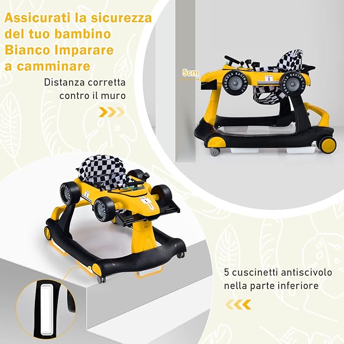 Girello per Bambini 4 in 1, Girello Pieghevole con Altezza e Velocità Regolabili, Carillon con Luci, Volante, Primi Passi per Bambini 6-18 Mesi, Portata 15 kg (Giallo)