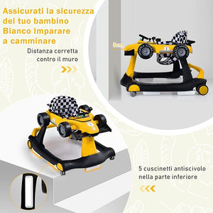 Girello per Bambini 4 in 1, Girello Pieghevole con Altezza e Velocità Regolabili, Carillon con Luci, Volante, Primi Passi per Bambini 6-18 Mesi, Portata 15 kg (Giallo)