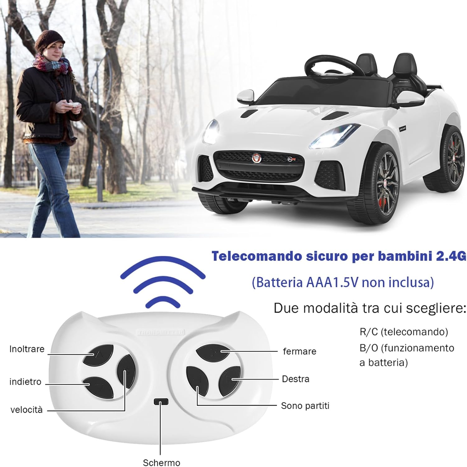 Jaguar Auto Elettrico 12 V per Bambini, Macchina Elettrica con Telecomando, con Luci Musica Storia, Avvio Lento, Velocit¨¤ 3-5 km/h (Bianco)