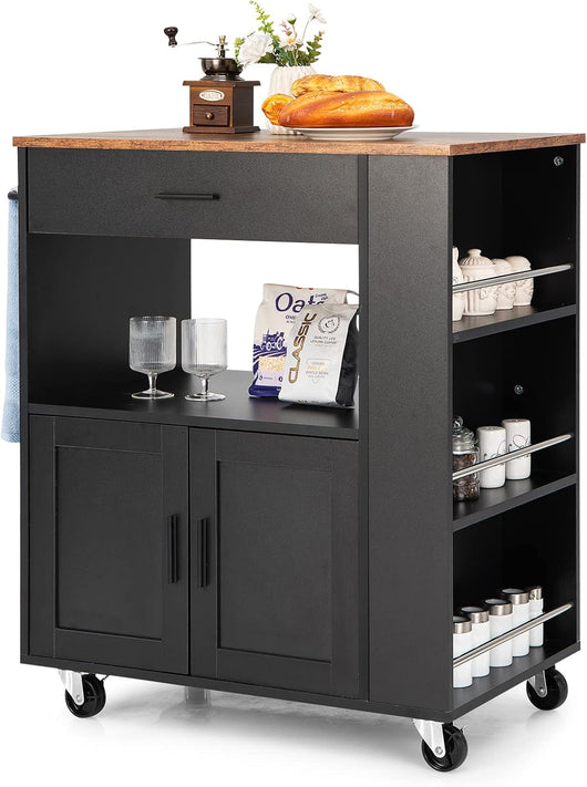Carrello da Cucina con Ruote, Isola da Cucina con 3 Portaspezie 1 Cassetto Armadietto a 2 Porte, Carrello Portaoggetti con Portasciugamani, 82x46x92 cm (Nero)