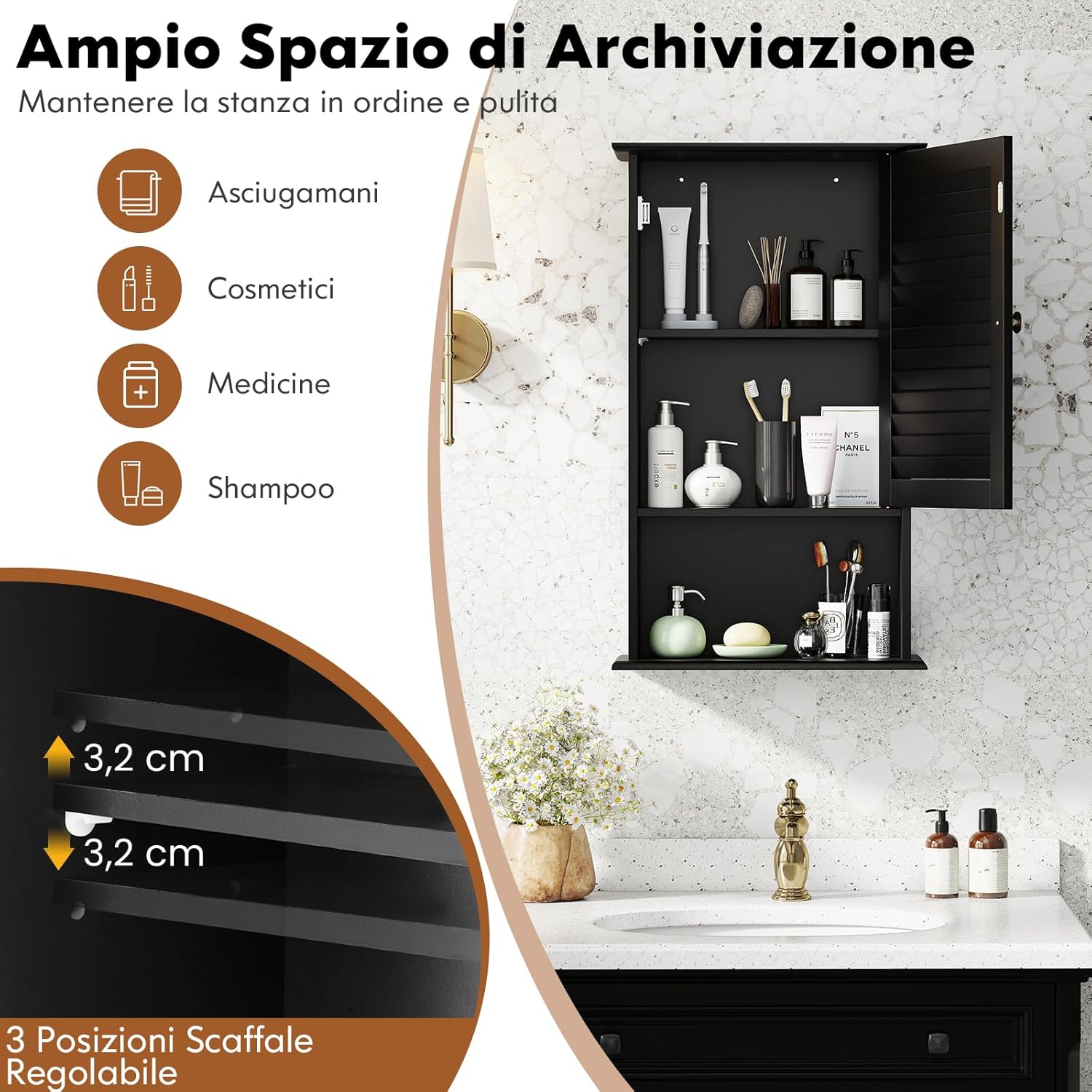 Armadio del Bagno Montato a Muro, Mensola Interna Regolabile, Struttura in MDF di Qualità, Pratico e Salva Spazio, Design Unico (Nero)