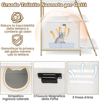 Lettiera per Gatti Salvaspazio, Mobile Nascosto 2 in 1 per Animali Domestici con Scaffale, Tappetini Rimovibili e Entrata a Forma di Testa di Gatto, Armadietto per Gatti per Salotto (Bianco)