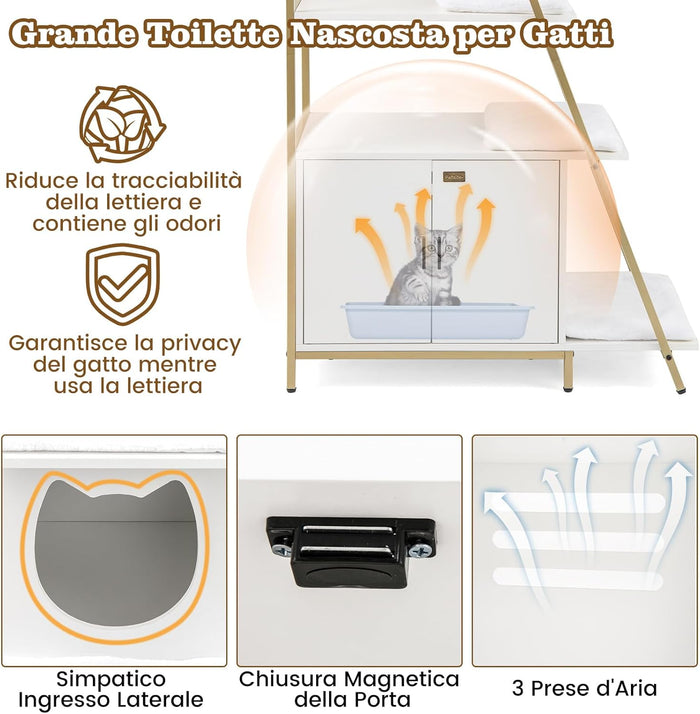 Lettiera per Gatti Salvaspazio, Mobile Nascosto 2 in 1 per Animali Domestici con Scaffale, Tappetini Rimovibili e Entrata a Forma di Testa di Gatto, Armadietto per Gatti per Salotto (Bianco)