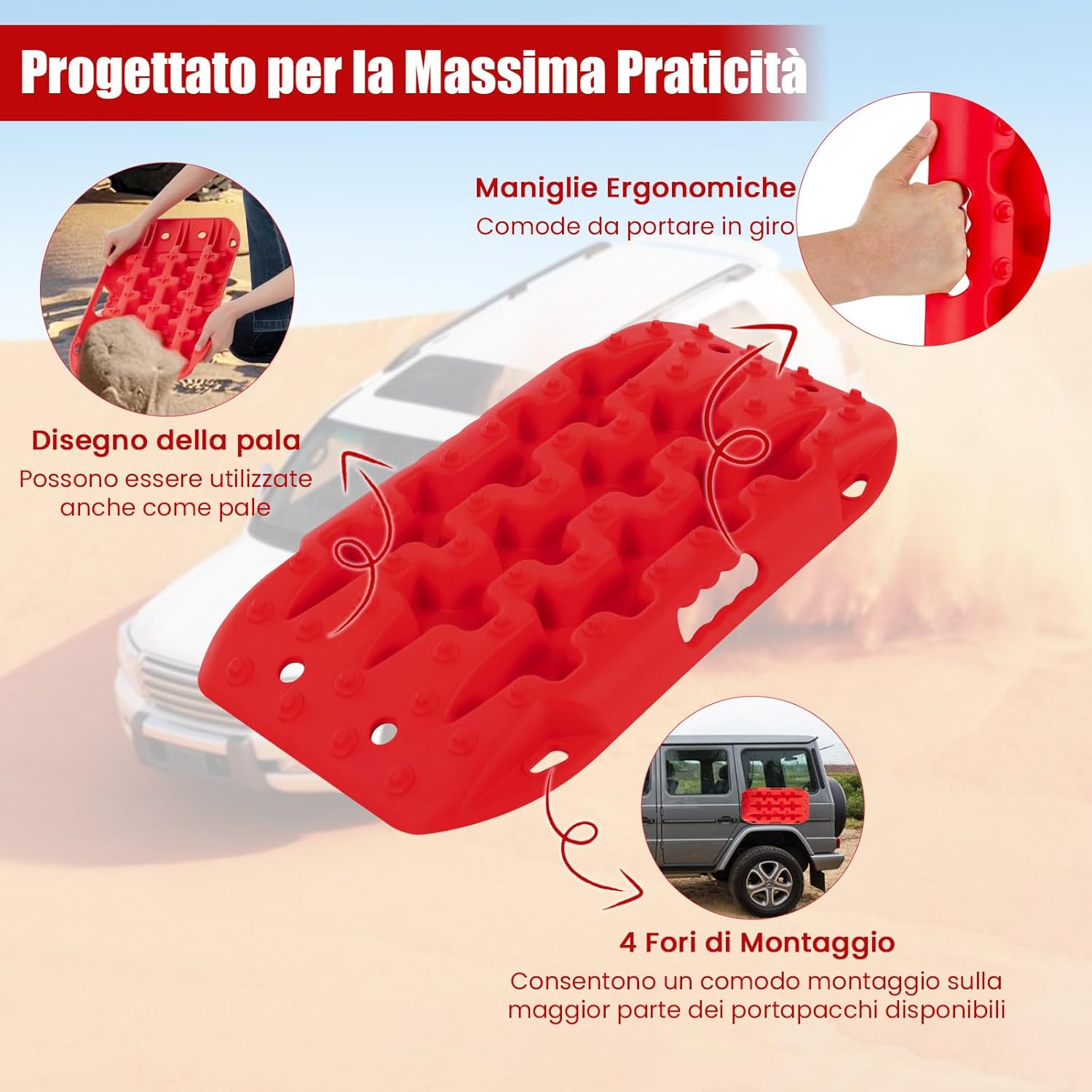 Tappetino di Trazione 2 Pezzi, Carico 10T, Piastre di Trazione per SUV Camper Auto Camion, Tavola di Recupero per Piste Offroad, per Sabbia, Neve, Fango (Rosso, 58 x 31 x 6 cm)
