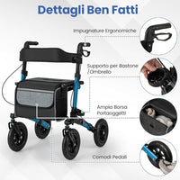 Deambulatore Pieghevole per Anziani in Alluminio, Rollator Regolabile in Altezza con Seduta, Schienale e Freni, Girello per Anziani con Borsetta, Carico Massimo 140 kg (Blu)