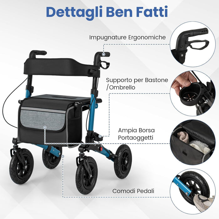 Deambulatore Pieghevole per Anziani in Alluminio, Rollator Regolabile in Altezza con Seduta, Schienale e Freni, Girello per Anziani con Borsetta, Carico Massimo 140 kg (Blu)