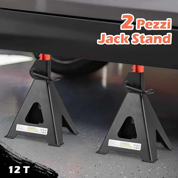 Set di 2 Cavalletti per Auto 12 T, Coppia di Cavalletti di Sostegno con Blocco della Maniglia e Altezza Regolabile 48-75 cm, Cavalletti per Cric per SUV, Berlina, Pickup e UTV