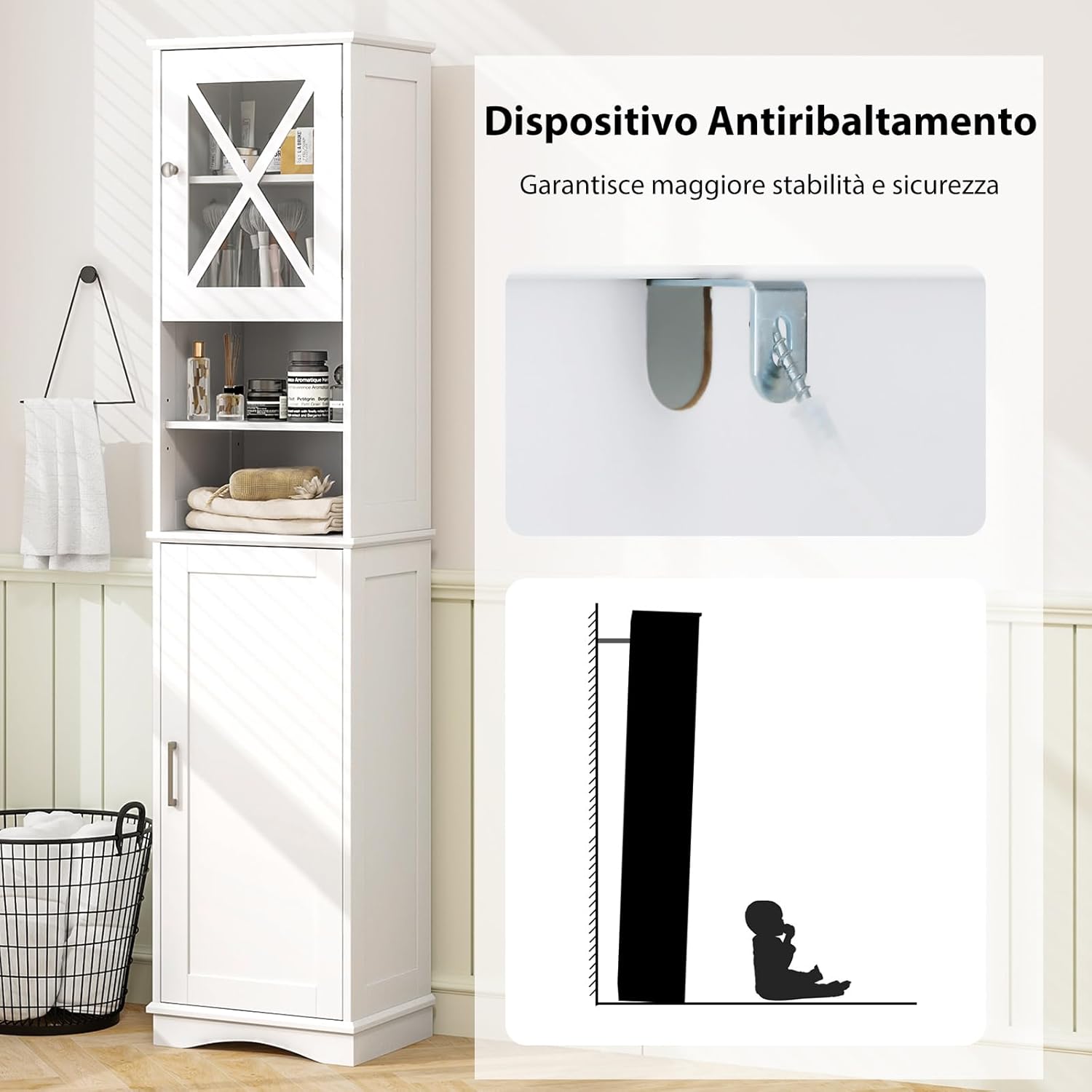 Mobile Bagno 40 x 30 x 170,5cm, Armadietto a Colonna Stretto e Alto con 5 Ripiani Regolabili e 2 Porte, Armadio da Terra in Legno per Soggiorno, Camera da Letto, Salotto e Cucina (Bianco)