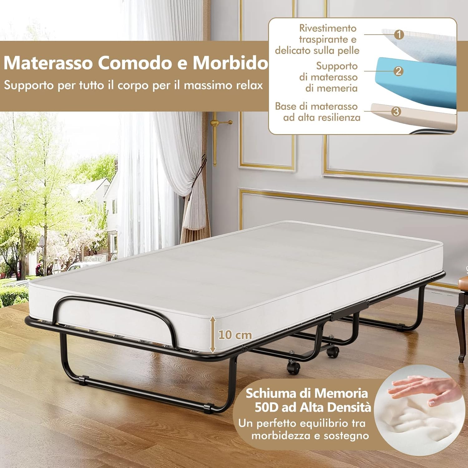 Letto Brandina Pieghevole 190x80 cm, Letto Portatile con Materasso 10 cm in Memory Foam, con Telaio in Metallo e Ruote, Carico di 130kg (Stile 1)