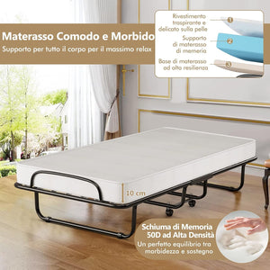 Letto Brandina Pieghevole 190x80 cm, Letto Portatile con Materasso 10 cm in Memory Foam, con Telaio in Metallo e Ruote, Carico di 130kg (Stile 1)