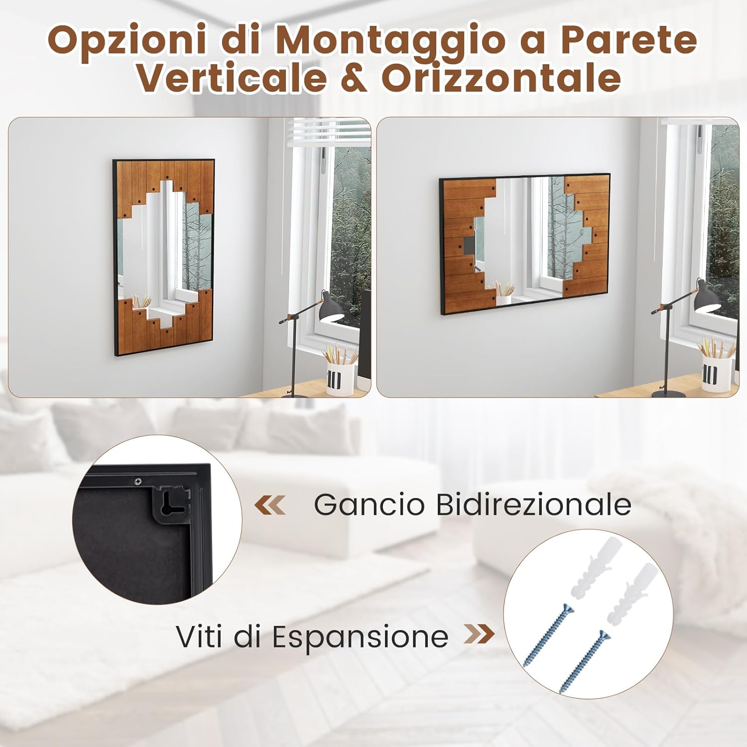 Specchio da Parete Rettangolare 66x100 cm, Specchio da Bagno con Cornice a Tastiera di Pianoforte, Gancio Bidirezionale, Specchio Moderno per Soggiorno Camera da Letto Ingresso