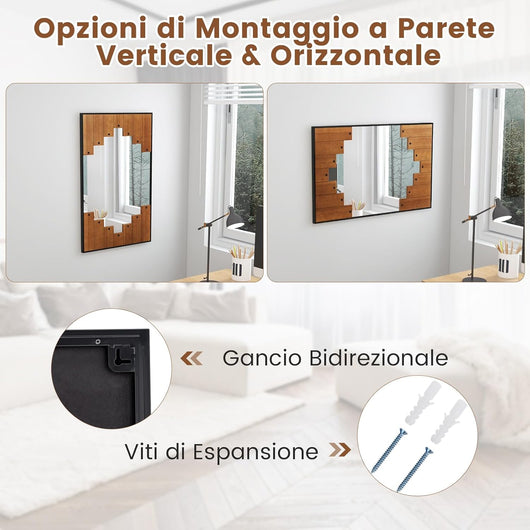 Specchio da Parete Rettangolare 66x100 cm, Specchio da Bagno con Cornice a Tastiera di Pianoforte, Gancio Bidirezionale, Specchio Moderno per Soggiorno Camera da Letto Ingresso