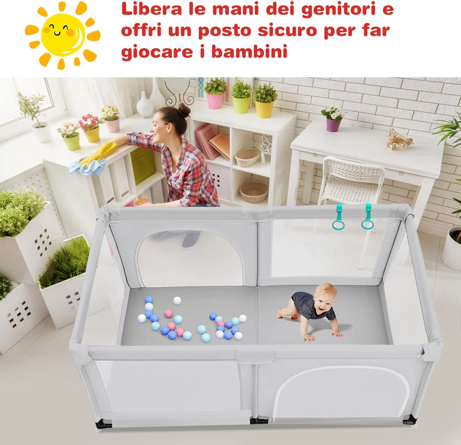 Box per Bambini, Centro Attività Portatile e Sicuro per Bambini, Box Colorato con Cancello, Recinto Extra per Interno ed Esterno con Rete Traspirante Durevole (Grigio)