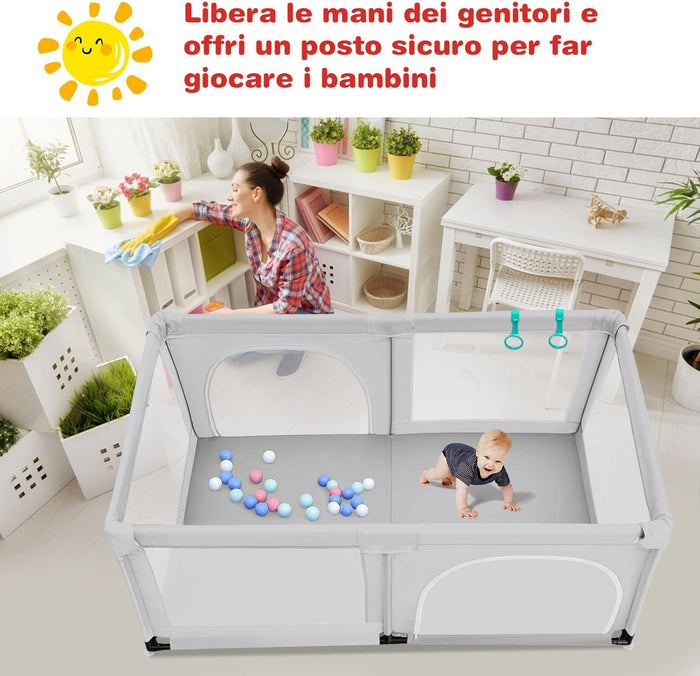 Box per Bambini, Centro Attività Portatile e Sicuro per Bambini, Box Colorato con Cancello, Recinto Extra per Interno ed Esterno con Rete Traspirante Durevole (Grigio)