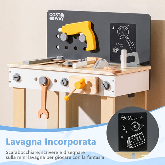 Banco Lavoro Bambini con Set di Attrezzi, Banco da Gioco in Legno con Lavagna e Strumenti da Lavoro, Piano di Lavoro con Trapano, Martello e Chiavi, 51 x 28 x 72 cm, per Bambini 3 + Anni