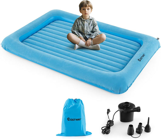 Letto Gonfiabile per Bambini in Viaggio, Set di Materasso Ad Aria Portatile con Pompa Elettrica, Letto Gonfiabile con Barriere Laterali Alte, 165x118x20 cm, Carico150 kg (Blu)