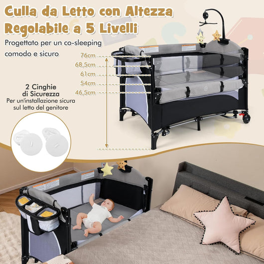 5-in-1 Lettino da Campeggio con Materasso, Lettino per Bambini con Fasciatoio, Lettino Pieghevole e Portabile, Altezza Regolabile in 5 Livelli, per Bambini 0-9 Mesi (Grigio+Nero)