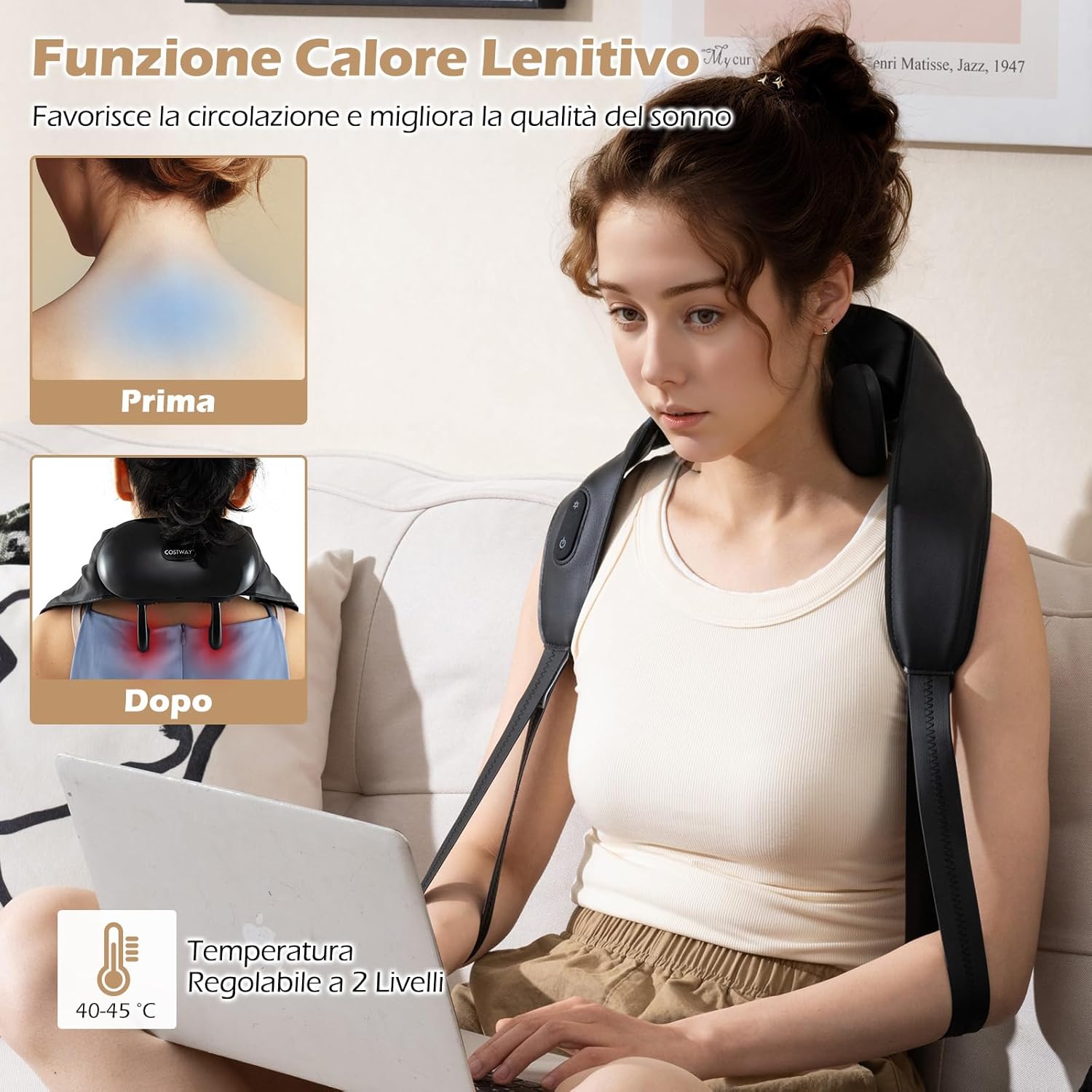 Massaggiatore Cervicale, Massaggiatore Shiatsu per Collo e Spalle, per Massaggio Profondo 4D con 2 Livelli di Calore, Funzione Timer, Massaggiante Portatile e Senza Fili