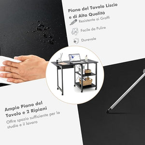 Scrivania Pieghevole per Computer, Scrivania Moderna con 2 Mensole, Postazione di Lavoro per PC con 6 Ruote, Scrivania Compatta Salva Spazio per Casa Ufficio, Marrone (Nero)