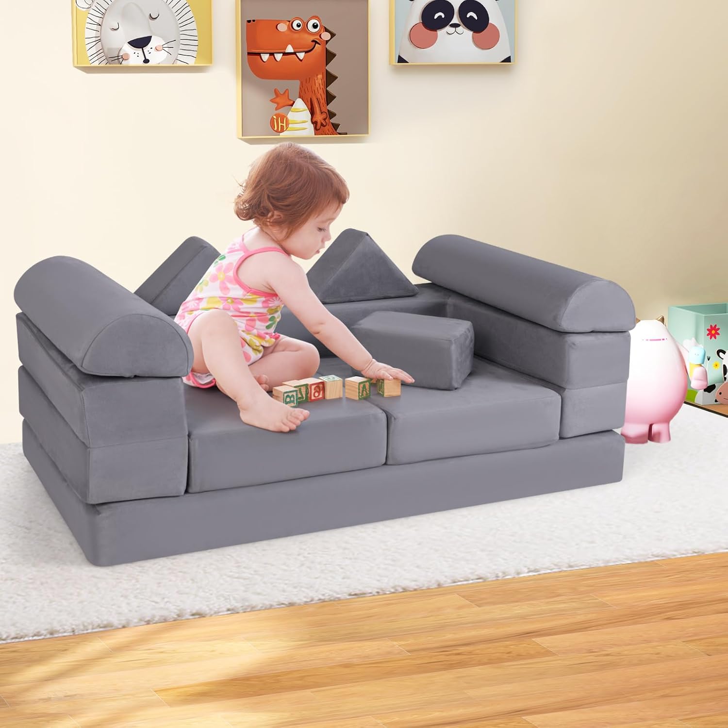 Divano Modulare per Bambini, 9 Pezzi, Divano Letto per Bambini in Schiuma con Tessuto Suede, Coperture Lavabili, Divano Convertibile per Stanze da Gioco, Camere da Letto, Soggiorno (Grigio)
