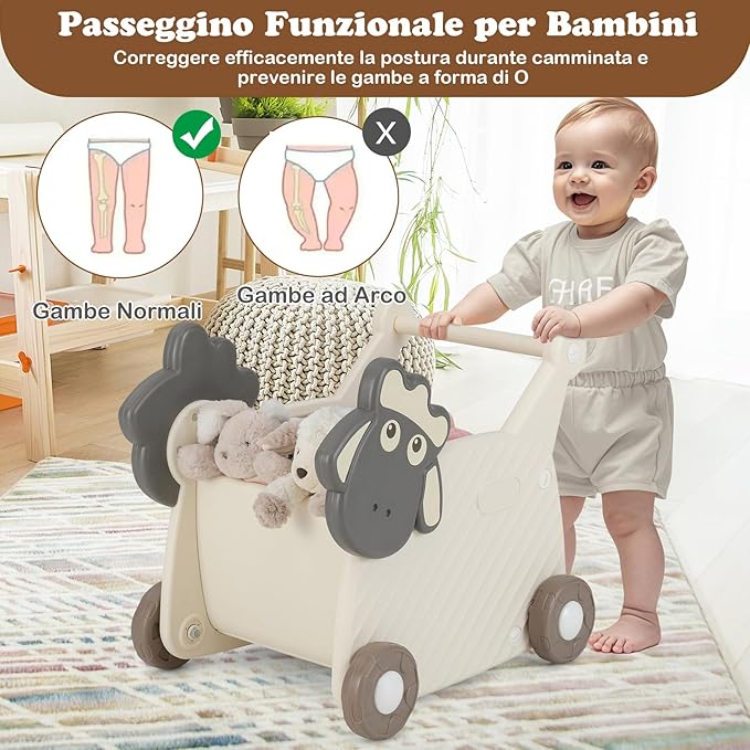 Girello Bambini, Carrello per Bambini a Forma di Pecora, Camminatore per Bambini con Capacità di 18L, Camminatore per Bambini a 4 Ruote, per Bambini di 3+ Anni