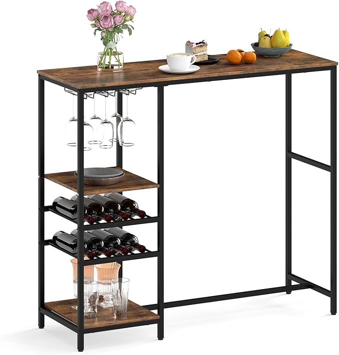 Tavolo da Bar 121 x 41 x 105,5 cm, Angolo Bar per Casa con Scaffali di Stoccaggio, Portabottiglie e Portacalici, Tavolo Alto per Cucina, Soggiorno, Ristorante e Bistrò