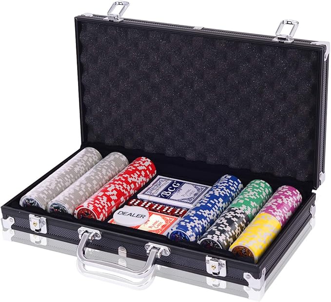 Poker Chips, Set da Poker con 300 Chips, Incluse 2 Carte da Poker 5 Dadi 1 Pulsante, Valigetta in Alluminio, Due Colori Disponibili (Nero)