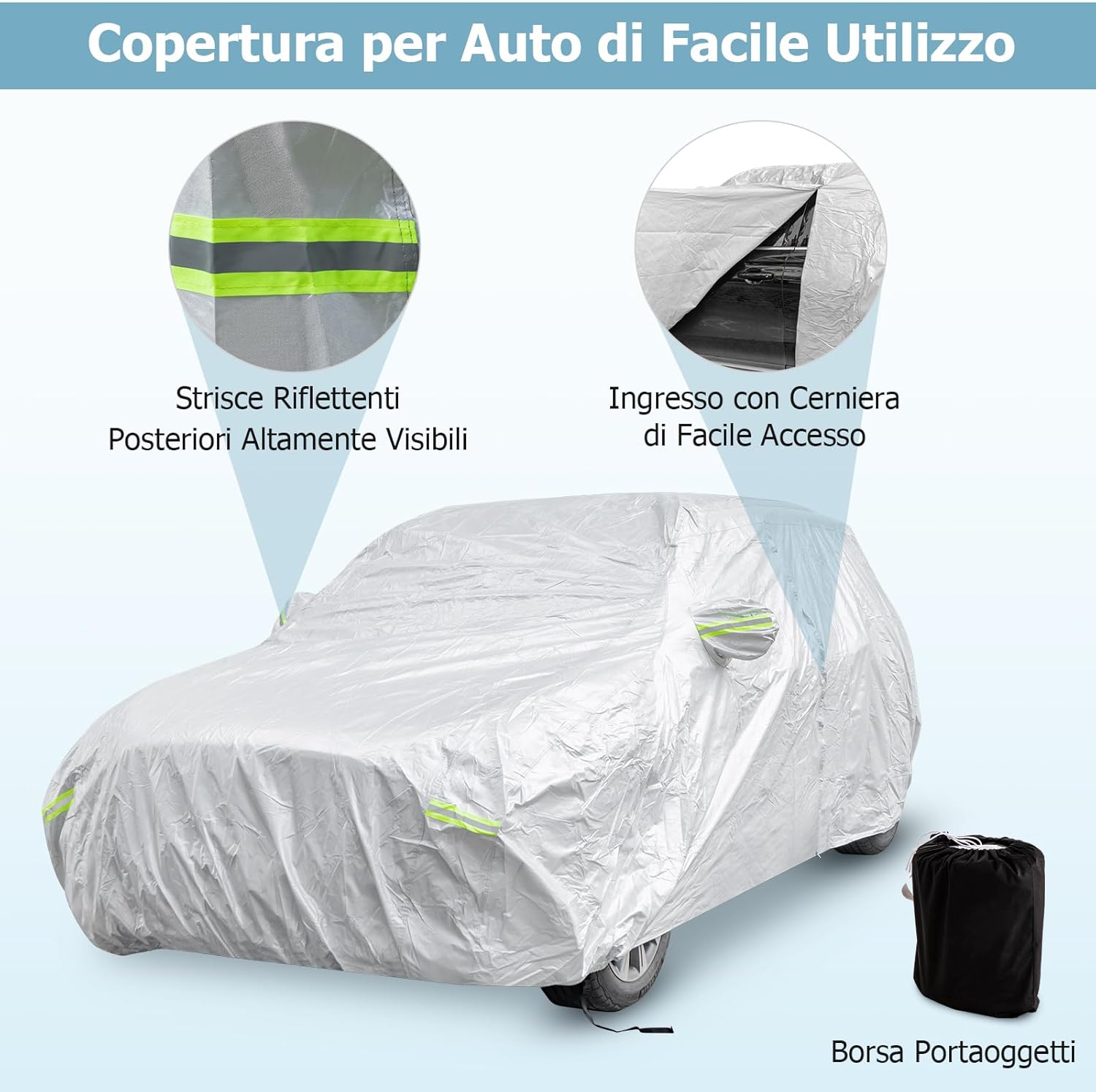 Copertura Auto con Porta a Zip, Serratura, Copertura per Auto con Strisce Riflettenti, Copertura Universale per Esterni per Auto (492 X 191 X 154 cm)