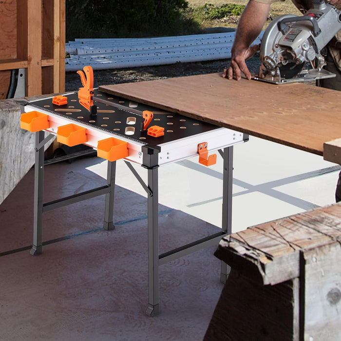 Banco da Lavoro Pieghevole, Tavolo da Lavoro Portatile con 2 Morsetti Rapidi e 4 Clamp Dogs, Telaio in Alluminio e Metallo, Capacità di Carico 454 KG (Modello 3)