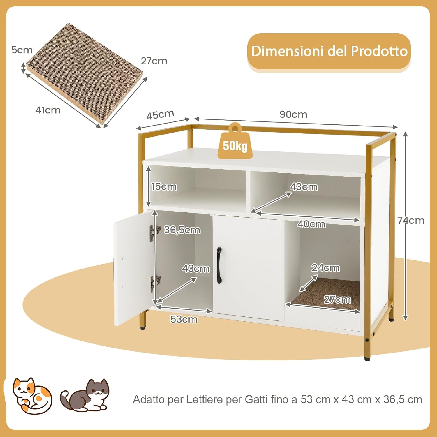 Mobile per Lettiera Gatti con Ripiani Aperti e Ripiani Chiusi con Maniglie, Mobiletto Multiuso in Legno e Metallo, Ideale per Ingresso e Soggiorno, Portata 50 kg (Bianco)