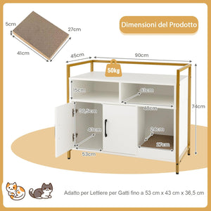 Mobile per Lettiera Gatti con Ripiani Aperti e Ripiani Chiusi con Maniglie, Mobiletto Multiuso in Legno e Metallo, Ideale per Ingresso e Soggiorno, Portata 50 kg (Bianco)