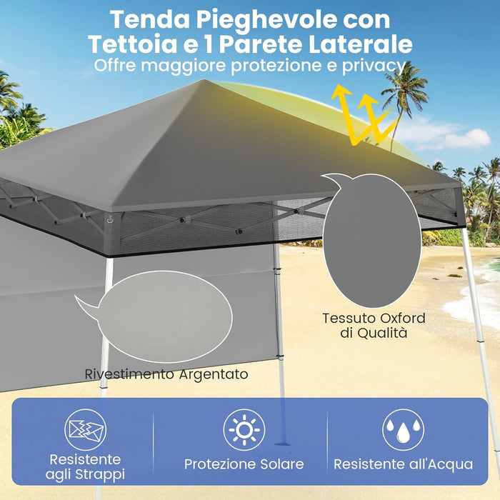Gazebo Pop-up da Esterno 182 x 182 cm, Gazebo Pieghevole con 1 Parete Laterale, Gambe Inclinabili Regolabili e 4 Picchetti, Tendone Impermeabile per Feste, Campeggio e Picnic (Grigio)