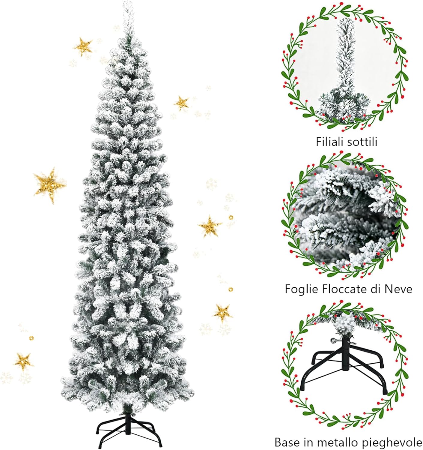 Albero di Natale Innevato 140/180/225 cm, Albero di Natale Artificiale Slim con 242/500/641 Rami Realistici e Folti e Base Pieghevole di Metallo, Apertura a Ombrello (225 cm)