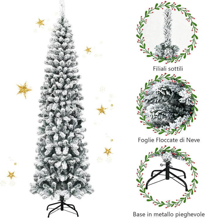 Albero di Natale Innevato 140/180/225 cm, Albero di Natale Artificiale Slim con 242/500/641 Rami Realistici e Folti e Base Pieghevole di Metallo, Apertura a Ombrello (225 cm)