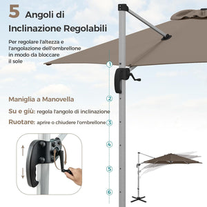 Ombrellone da Giardino 339 cm, Ombrello da Giardino Rotondo con Rotazione a 360°, Ombrellone da Giardino Inclinabile con Base, Ombrello da Sole per Giardino, Patio (Caffè)