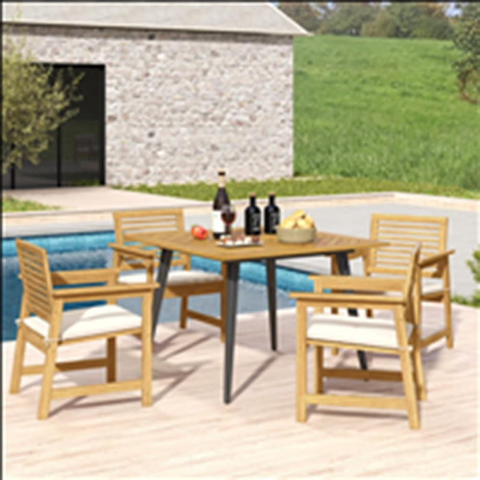 Tavolo da Giardino in Legno di Acacia, Tavolo Rettangolare con Struttura in Acciaio e Foro per Ombrellone, Tavolo da Pranzo Giardino Ideale per Giardino Cortile Balcone (107 x 107 cm)