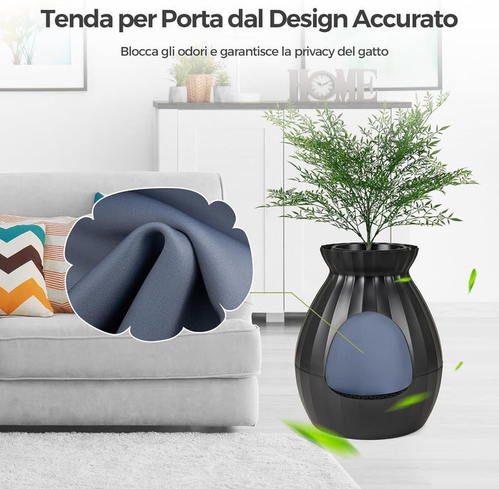 Lettiera per Gatti Smart con Rimozione Elettronica degli Odori e Sterilizzazione, Pianta Finta, Ciottoli, Tenda per la Porta, Paletta, Adatta per Gatti Grandi e Cuccioli (Nero)