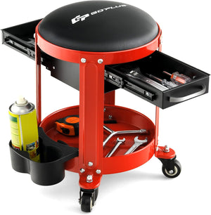 Sgabello da Officina, Sgabello Meccanico Rotante con 2 Cassetti, Ripiano, Vassoio, Ruote, 150 kg di capacità, per Garage, Officina