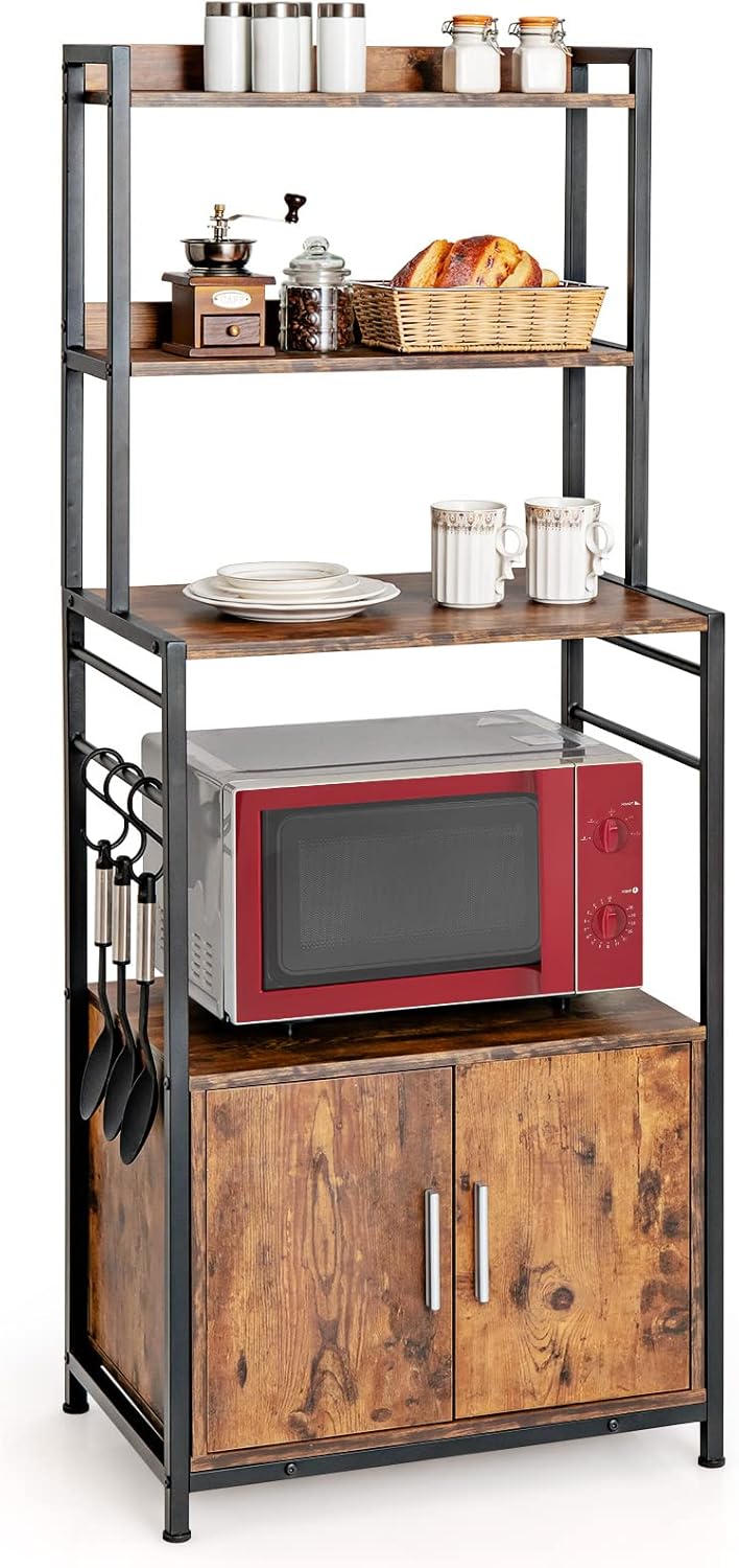 Scaffale con 4 Livelli per Cucina con Armadio e Credenza, Supporto Industriale per Forno Microonde, con Ganci e Piedini Regolabili, Ideale per Cucina e Sala da Pranzo, 60 x 40 x 150 cm