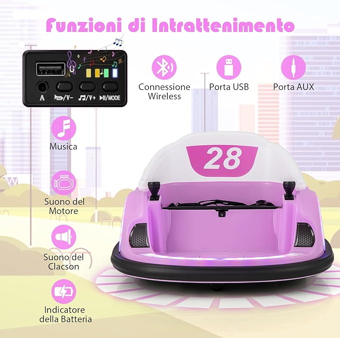 Autoscontro Elettrico per Bambini, Macchina Elettrica per Bambini con Luci LED, Connessione Wireless, Musica Giro a 360°, Macchina Cavalcabile per Bambini 18+ Mesi (Rosa)