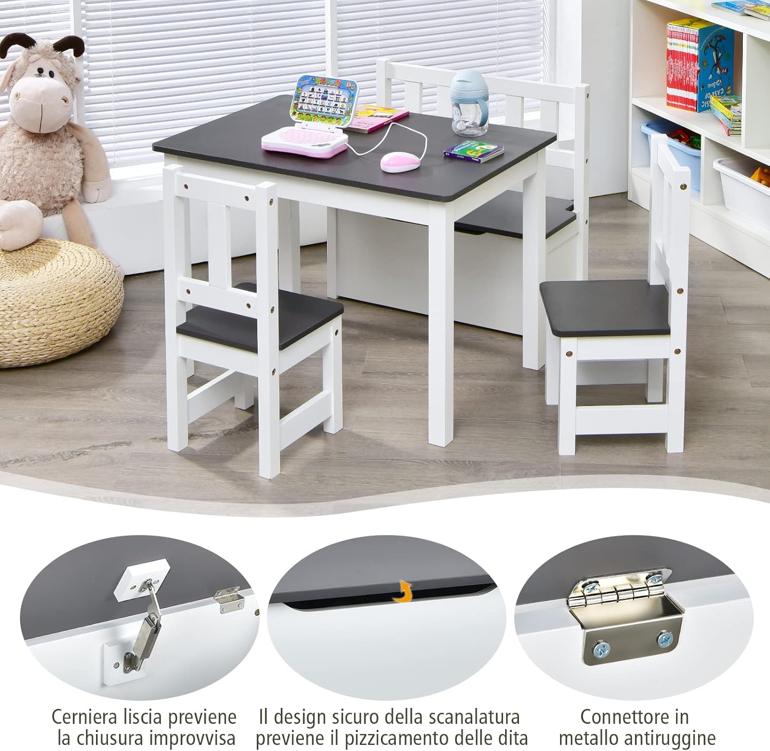 Set 4 Pezzi Tavolo e Sedie per Bambini, Set Tavolo Attività di Legno 2 in 1 per Bambini con 2 Sedie e 1 Panca, Per Bambini per Giocare Disegnare Leggere e Mangiare (Grigio)