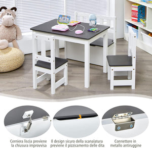 Set 4 Pezzi Tavolo e Sedie per Bambini, Set Tavolo Attività di Legno 2 in 1 per Bambini con 2 Sedie e 1 Panca, Per Bambini per Giocare Disegnare Leggere e Mangiare (Grigio)
