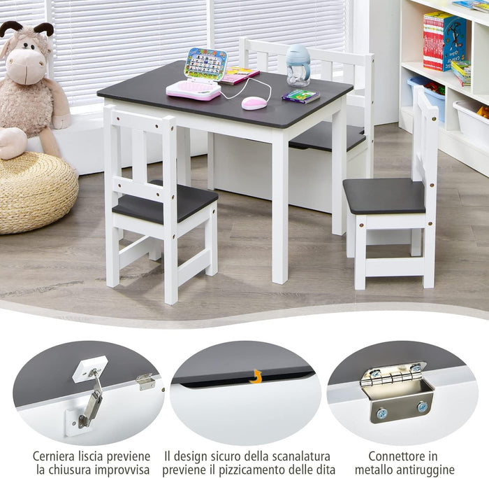 Set 4 Pezzi Tavolo e Sedie per Bambini, Set Tavolo Attività di Legno 2 in 1 per Bambini con 2 Sedie e 1 Panca, Per Bambini per Giocare Disegnare Leggere e Mangiare (Grigio)