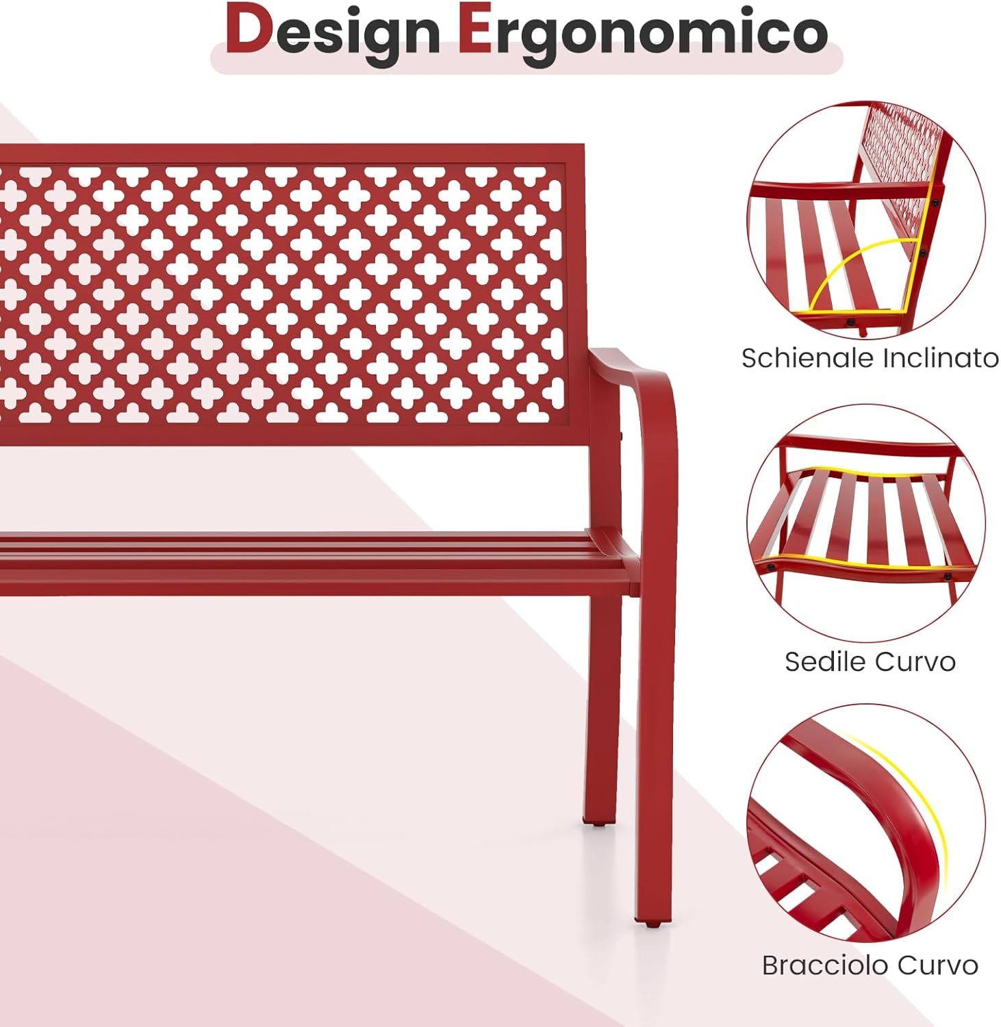 Panchina da Esterno, Panca da Giardin in Metallo con Schienale Traforato, Sedile a Doghe e Braccioli, Panchina Moderna per Cortile, Terrazzo e Giardino, Portata 300 kg (Rosso)