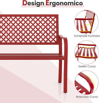 Panchina da Esterno, Panca da Giardin in Metallo con Schienale Traforato, Sedile a Doghe e Braccioli, Panchina Moderna per Cortile, Terrazzo e Giardino, Portata 300 kg (Rosso)